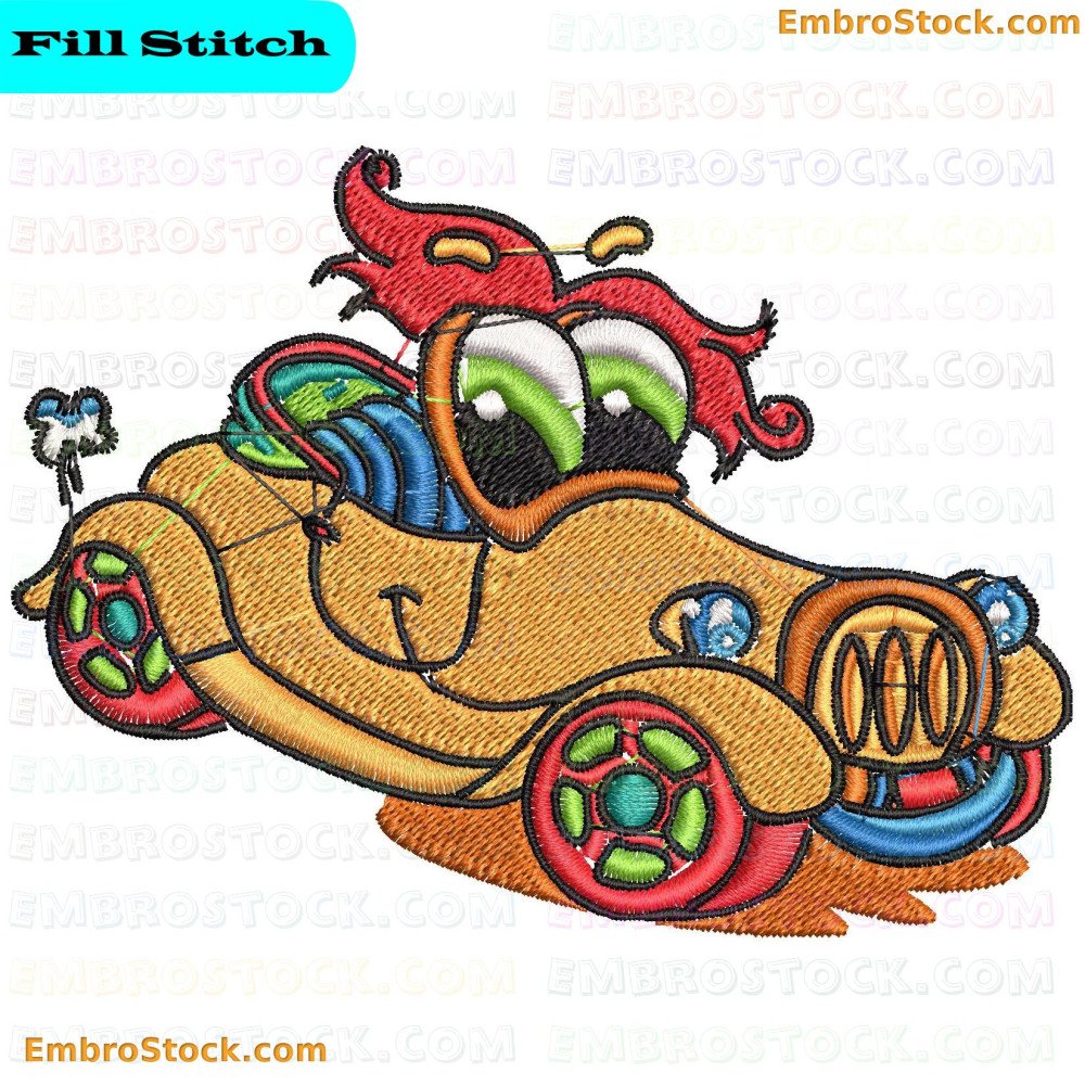 An embroidery design of an animated vintage car with human-like features including green wheels, red rims, and blue exhaust pipes.