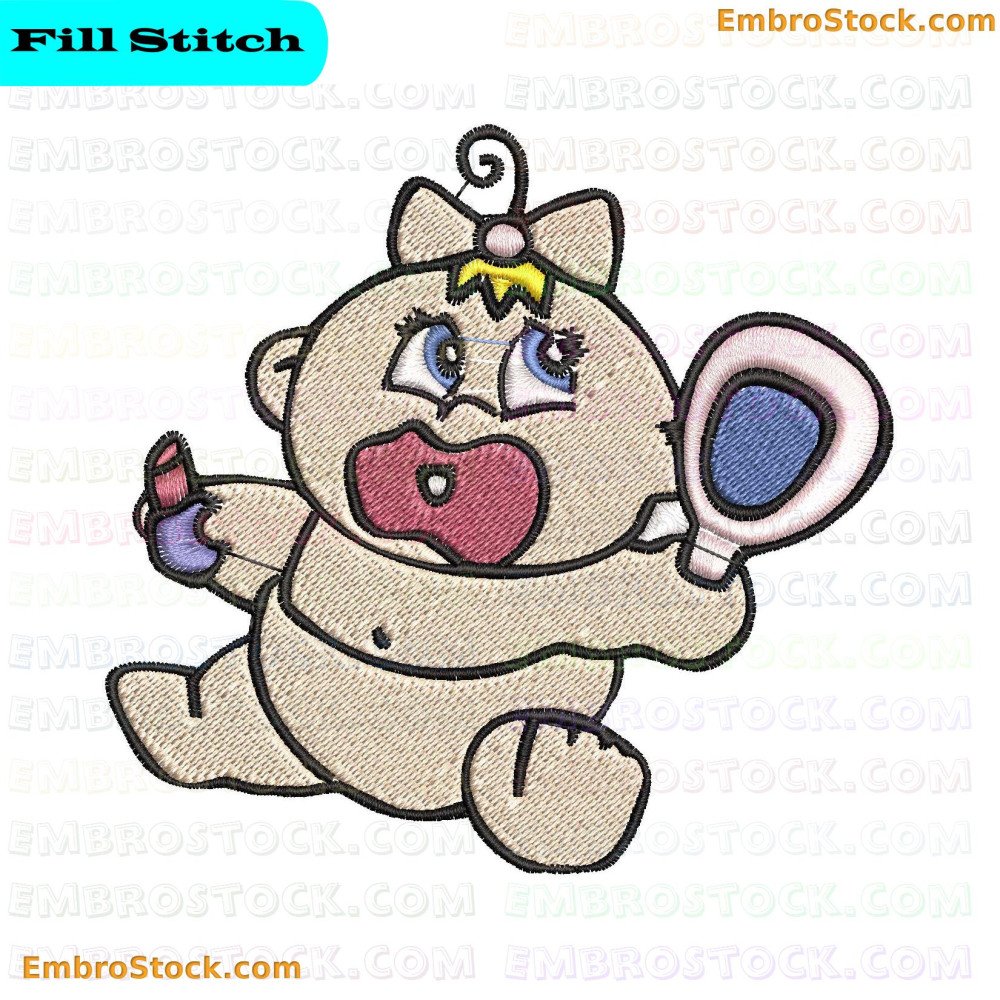 An embroidery design depicting a baby girl with a bow on her head holding lipstick in one hand and a mirror in the other.