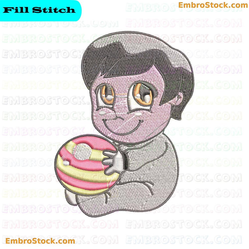 An embroidery design of a seated baby holding colorful ball.