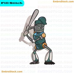 Baseball Playing Robot Character Embroidery Design 2