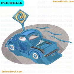 Blue Car Next To Traffic Sign Embroidery Design 21