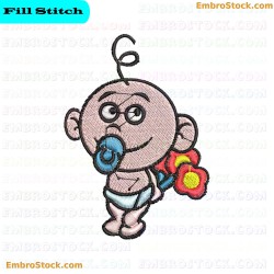 Cartoon Baby Character With Flower Embroidery Design 3