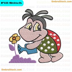 Cartoon Bug Ladybug Watering Flower Embroidery Design 12