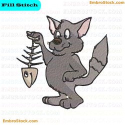 Cartoon Cat With Fish Skeleton Embroidery Design 17