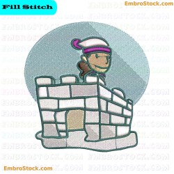 Cartoon Character Behind Snow Fort Embroidery Design 5