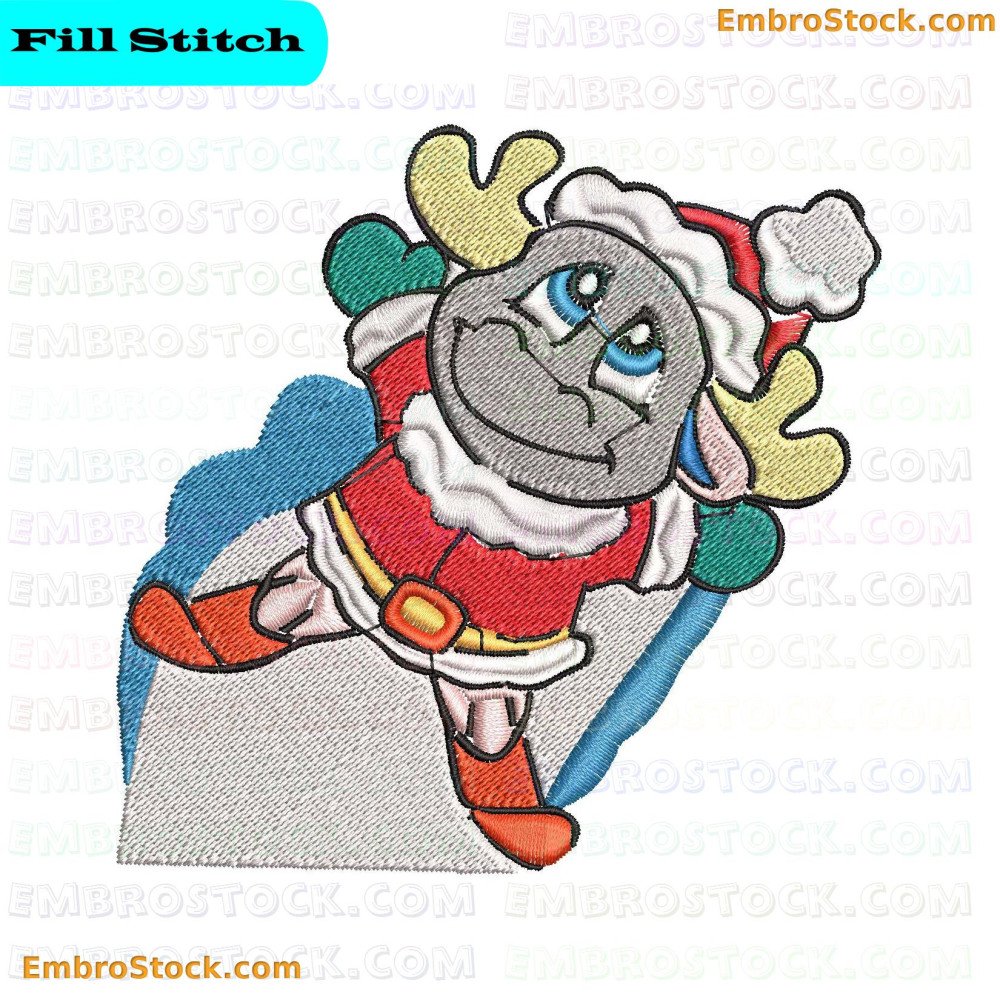 An embroidered depicting a smiling cartoon character dressed as Santa Claus with reindeer antlers.