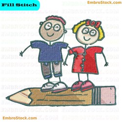 Cartoon Characters On A Pencil Embroidery Design 9