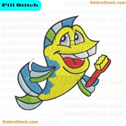 Cartoon Fish Holding Toothbrush Embroidery Design 21