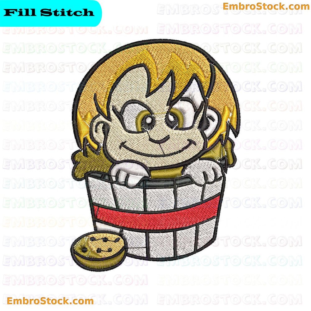 An embroidery design featuring a cartoon-style girl with blonde hair and big eyes peeking from inside a red and white striped popcorn bucket.