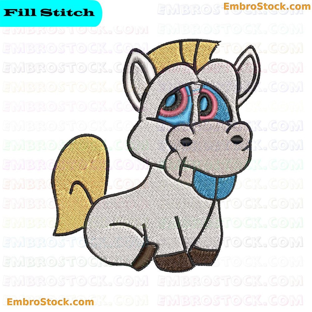 The image displays an embroidered design of a cartoonish white horse with a golden mane and tail, adorned with a blue bridle.