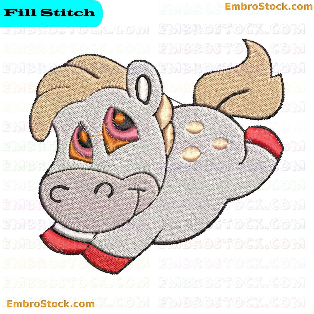 An embroidery depicting a cartoon-style horse jumps with big eyes and a smile, its flowing mane and tail suggesting movement or a breeze.