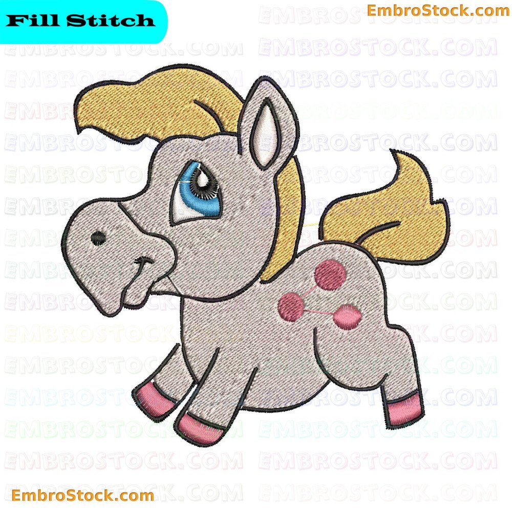 The image shows an embroidery design of a cartoon-style horse with a grey body, yellow mane and tail, pink hooves, and three pink spots on its body.