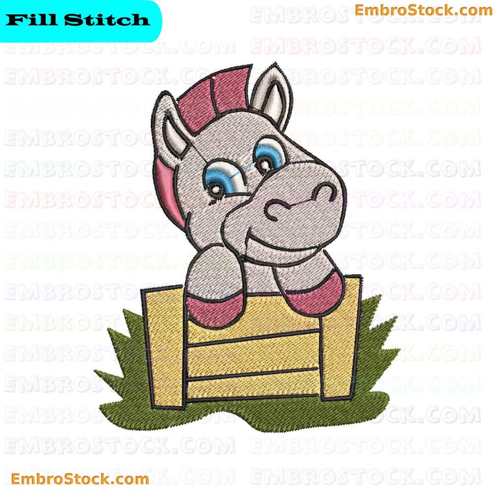 An image of an embroidery featuring a cute cartoon horse peeking over a yellow fence.