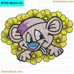 Cartoon Mouse Surrounded By Flowers Embroidery Design 6