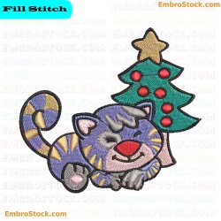 Cat Next To Christmas Tree Embroidery Design 4