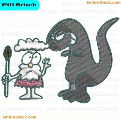 Caveman And Dinosaur Cartoon Embroidery Design 1