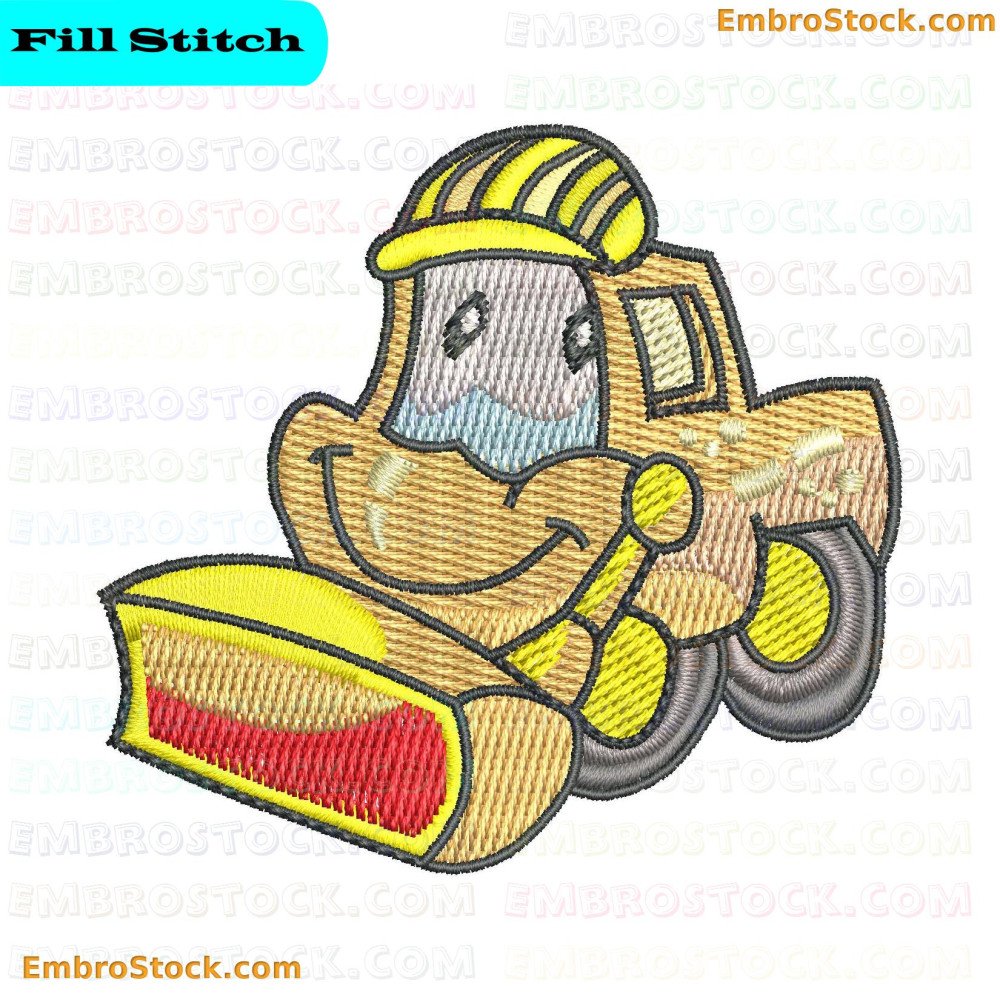 An embroidery design of a yellow cartoon car with a cheerful smile, equipped with a construction helmet and In front is a shovel.