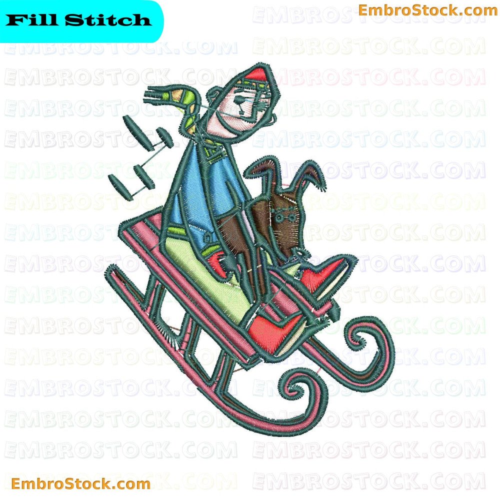 An embroidered design of a child in winter attire steering a sled with his dog.