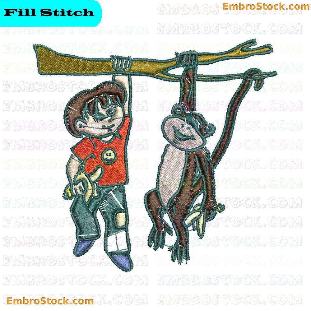 An embroidery design showing a child sitting on a tree branch next to a monkey hanging by its tail.