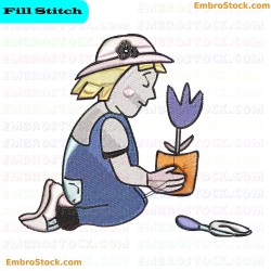 Child Caring For Plants Embroidery Design 6