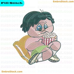 Child Eating Popcorn Embroidery Design 1