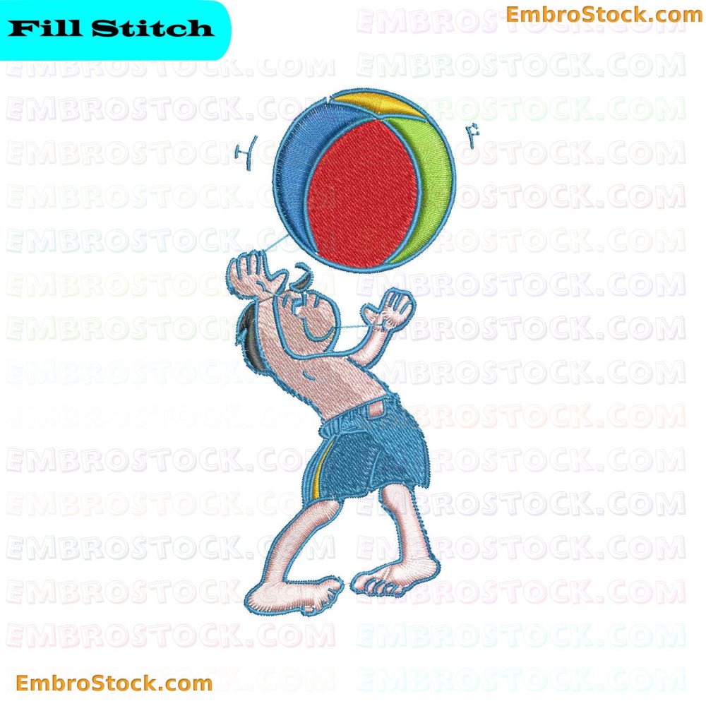 An embroidery design of a person wearing shorts playing with a colorful ball