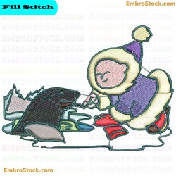 Child Playing With Penguin Embroidery Design 4