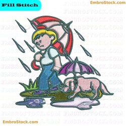 Child Protecting Dog From Rain Embroidery Design 5