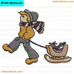 Child Pulling A Sled In Winter Embroidery Design 4