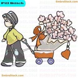 Child Pulling Heart Flowers Wagon Embroidery Design 13