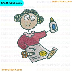 Child With School Supplies Embroidery Design 12