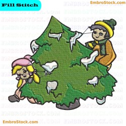 Children And Winter Tree Embroidery Design 5