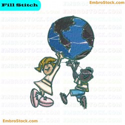 Children Holding Globe Embroidery Design 4