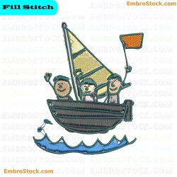 Children Waving From Boat Embroidery Design 9