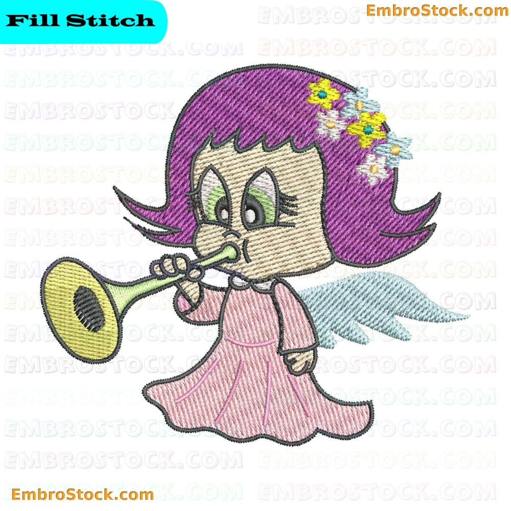 An embroidery design depicting a stylized angel character with purple hair and yellow flowers, wearing a pink dress and white wings, playing a yellow trumpet.