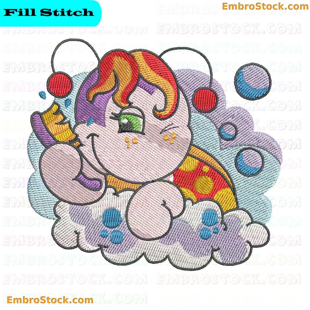 An embroidery design showing a cartoon-style character resembling a ladybug in a bathtub surrounded by bubbles and holding a showerhead.