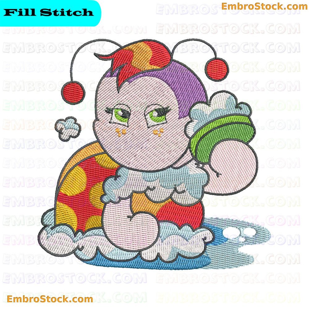 An embroidery design of a ladybug-like character in bright colors and whimsical cartoon style.