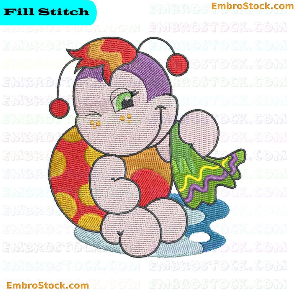 An embroidery design depicting a whimsical ladybug-like character in vibrant colors sitting on what appears to be water ripples.