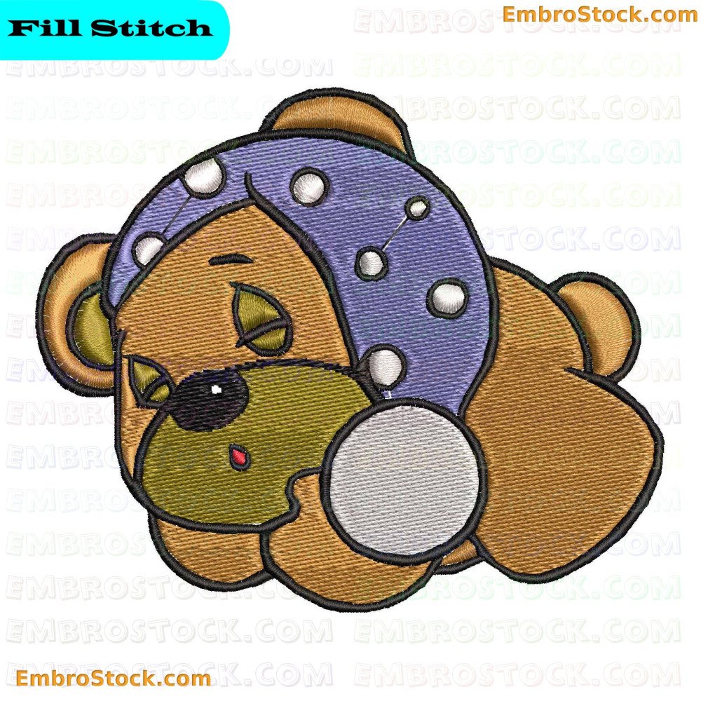 An embroidered depicting a multi-colored bear in a relaxed or sleeping pose.