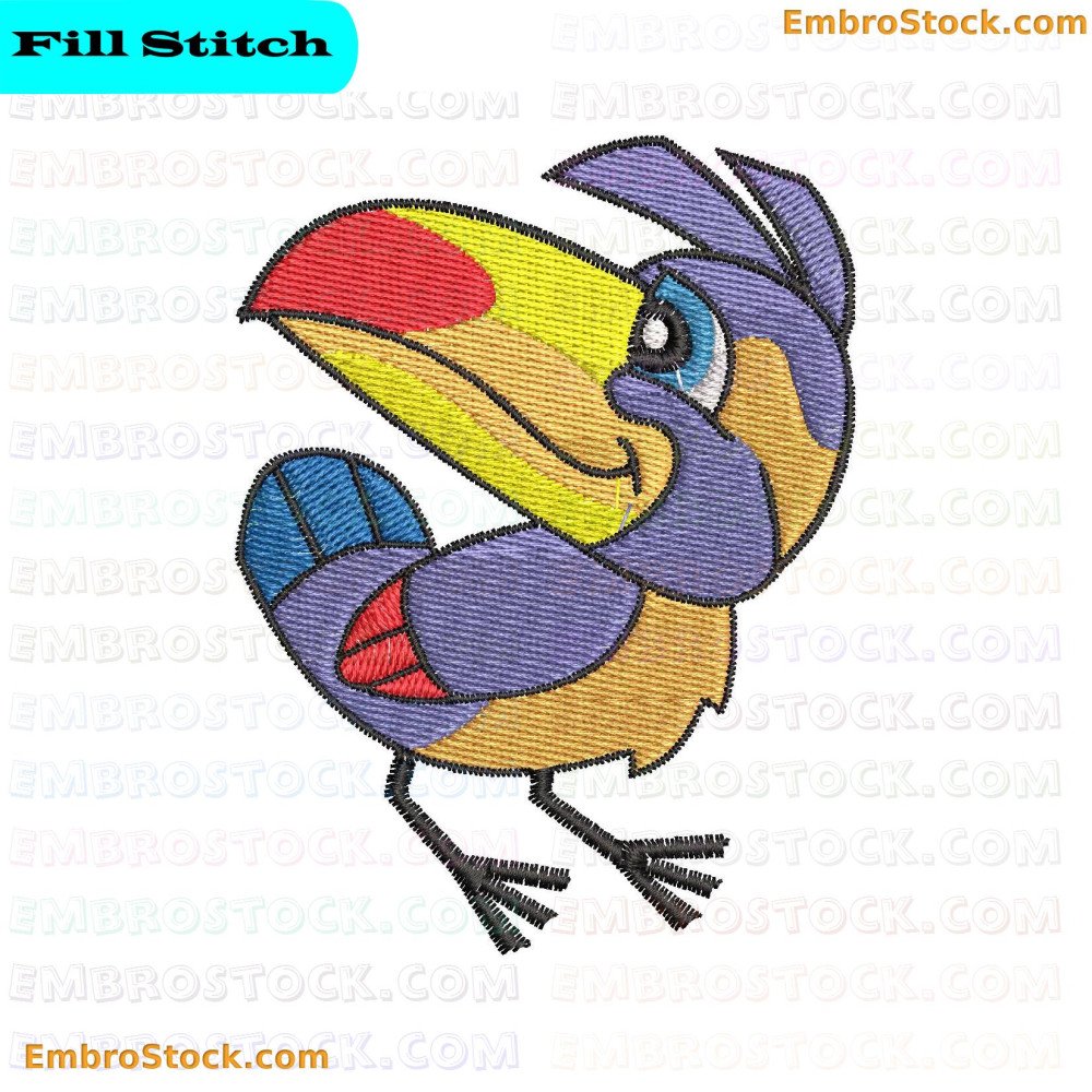 An embroidery design featuring a colorful bird with vibrant and varied hues.