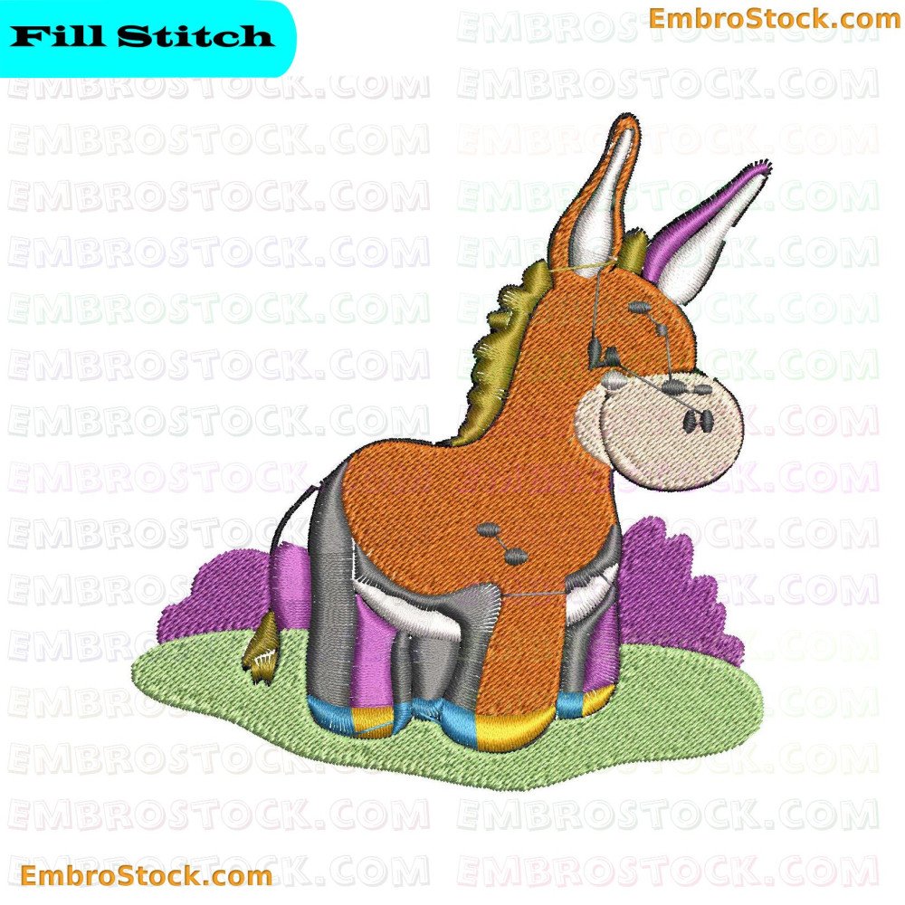 An image featuring an embroidery design of a cartoon-style donkey in vibrant and attractive colors.