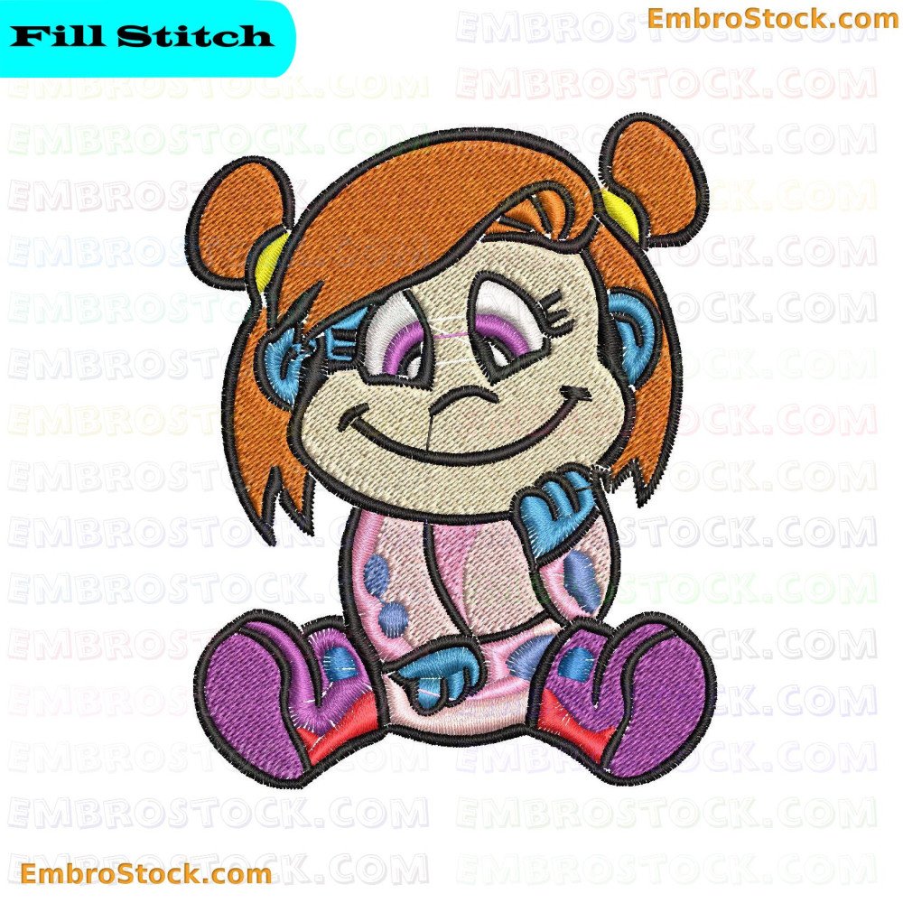 A cartoon girl character with orange hair and a purple dress in colorful embroidery.