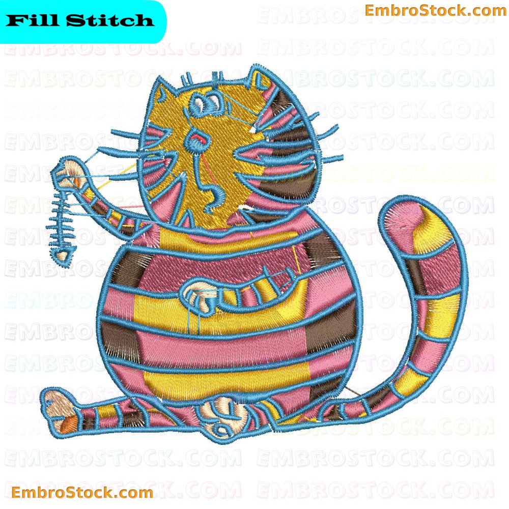 An embroidery depicting a cat with various patterns and colors including pink, yellow, and blue.