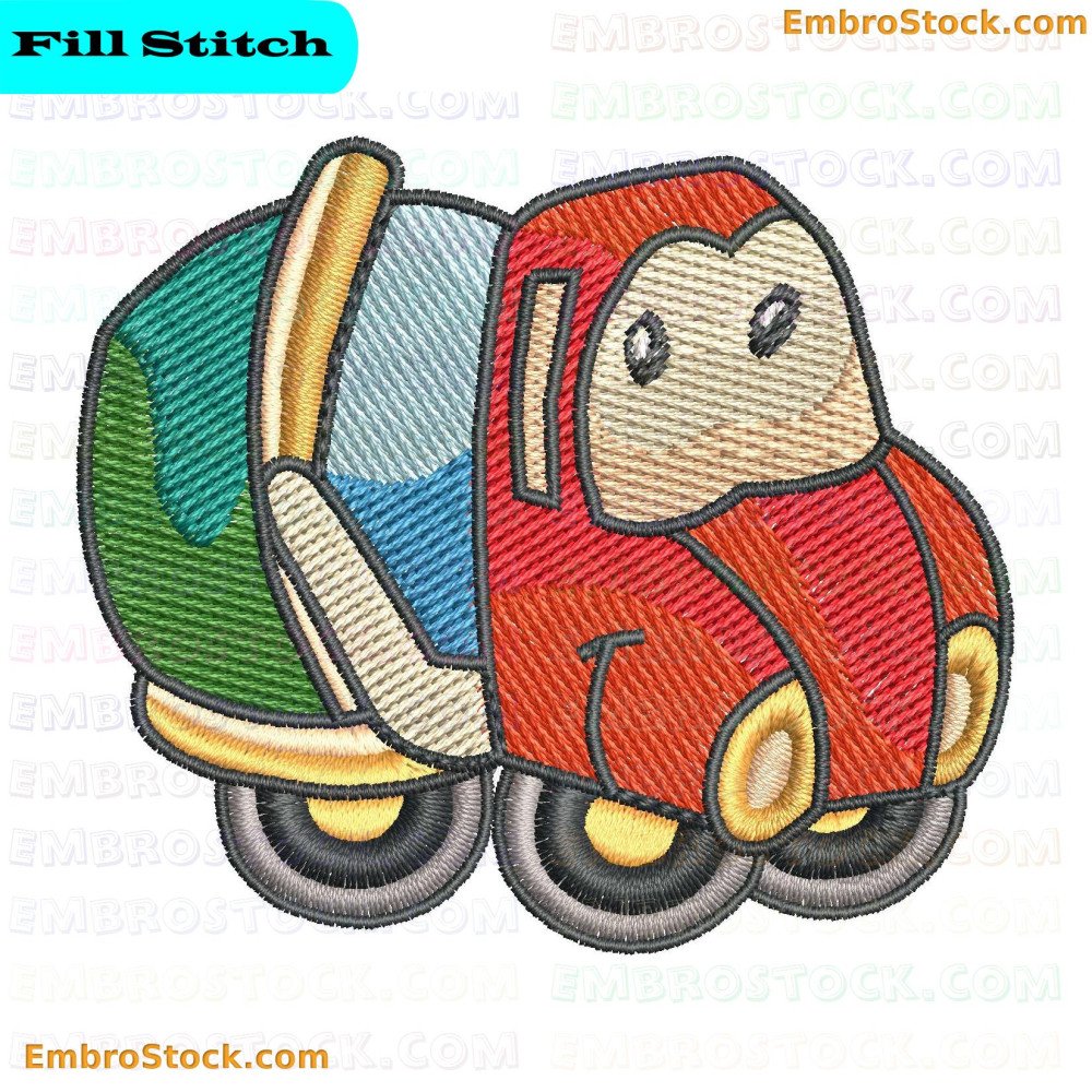 An embroidered depicting a cartoon-style colorful cement mixer truck.