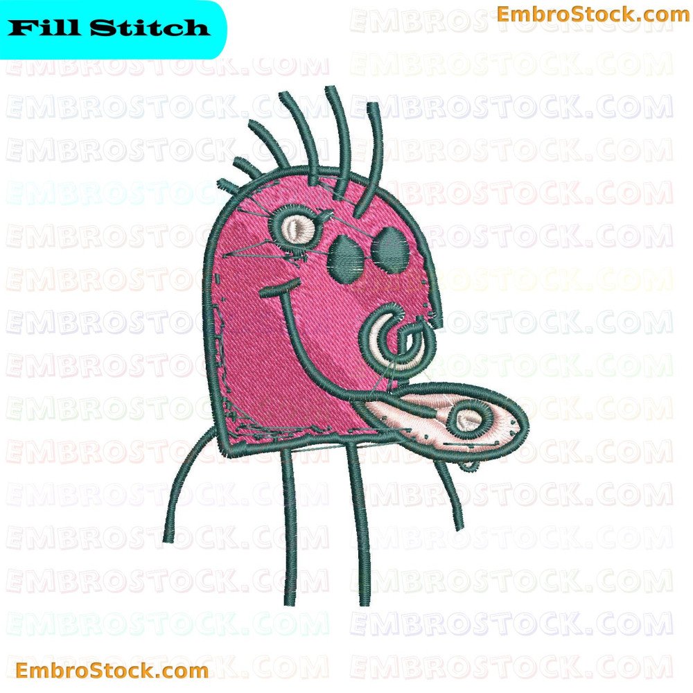 The image displays an embroidery design of a character with a pink body and green limbs, featuring several circular patterns.