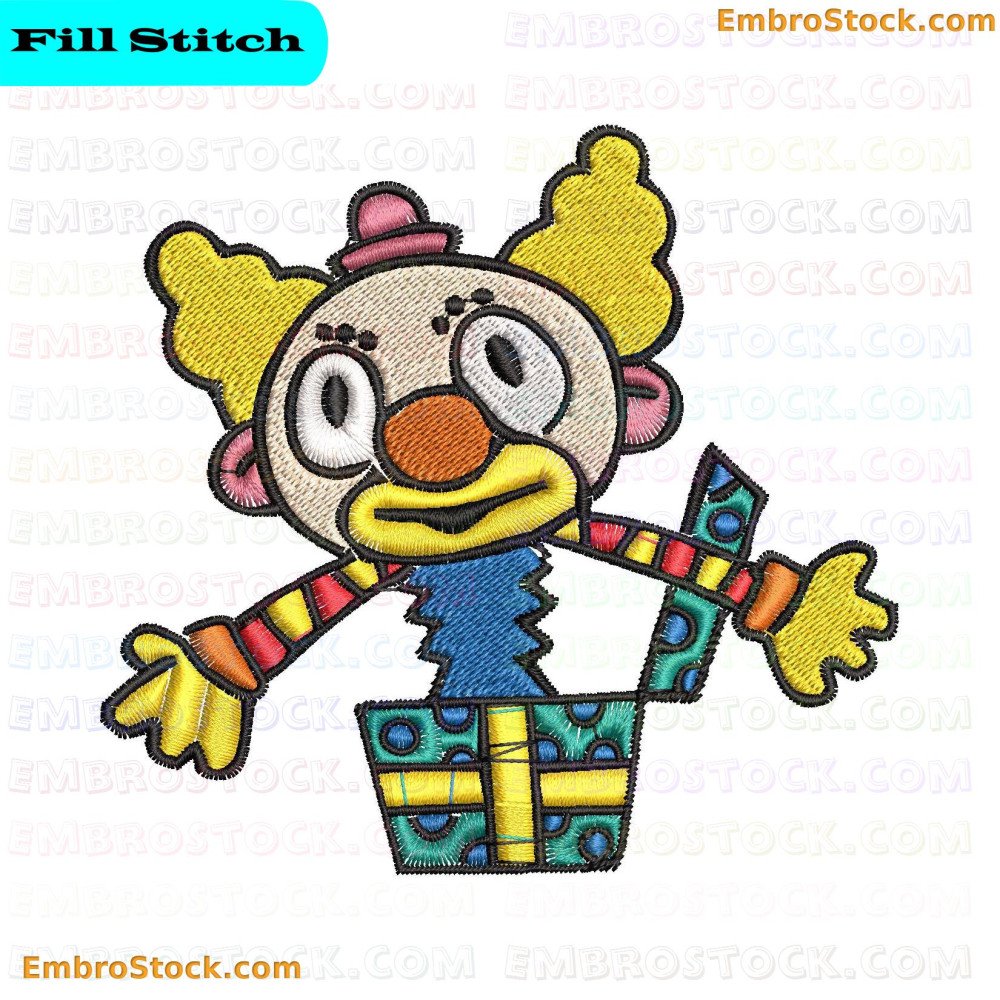 An embroidered depicting a colorful clown character with a smile and distinct makeup on a multi-colored outfit.