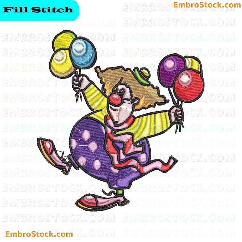 An embroidery design depicting a clown holding balloons and wearing a colorful costume.