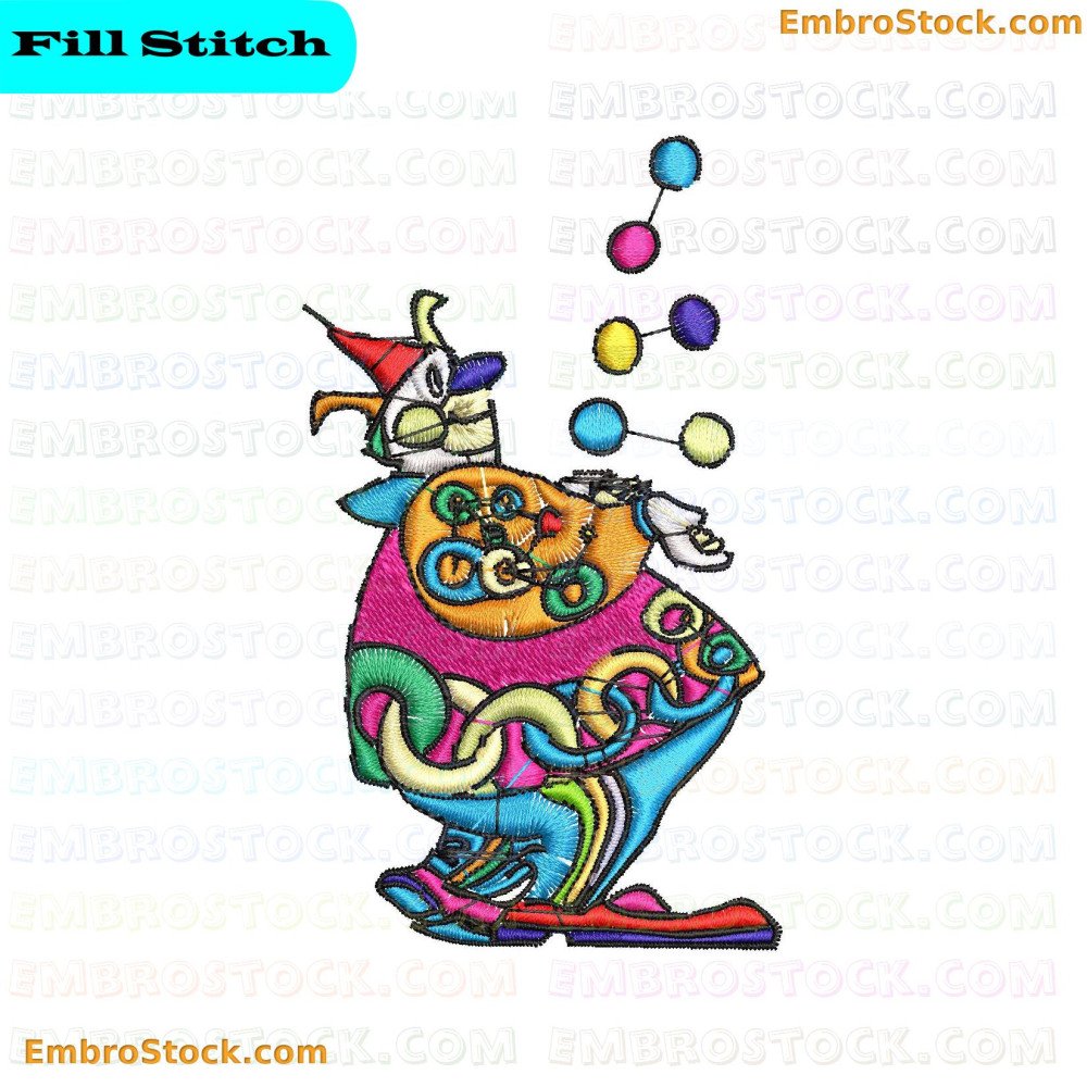 An embroidery of a clown performing juggling acts in colorful attire.