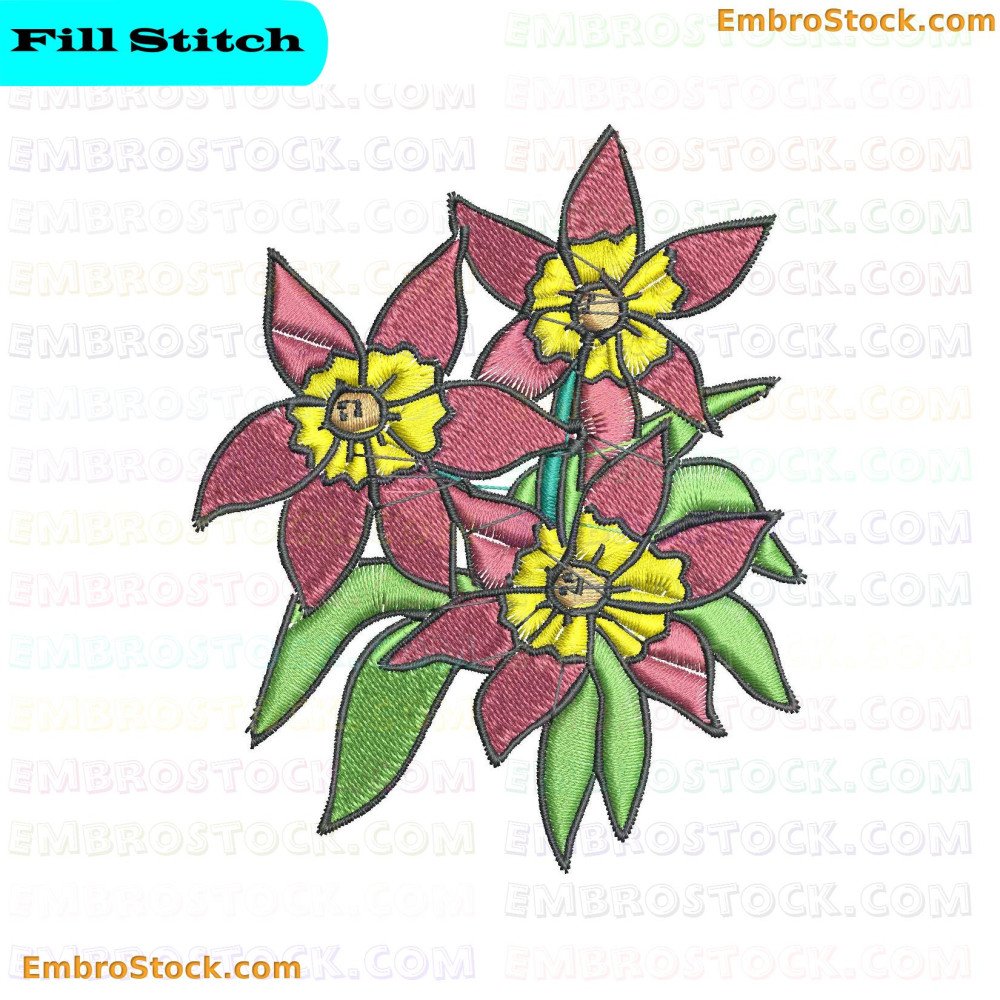 A set of three embroidered flowers with pink petals, yellow centers, and green leaves.