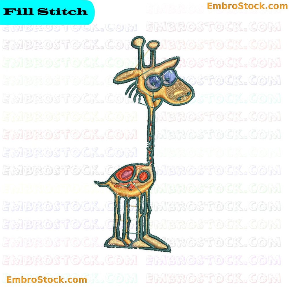 An embroidery design depicting a giraffe with exaggerated features and large glasses.